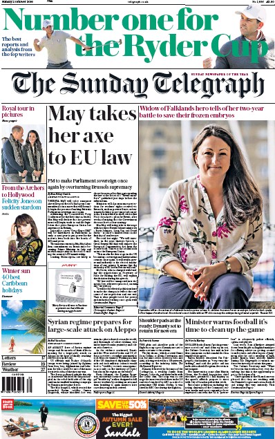 The Sunday Telegraph Newspaper Front Page (UK) for 2 October 2016