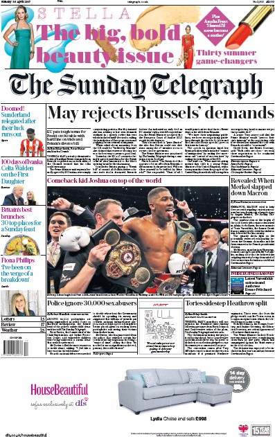 The Sunday Telegraph Newspaper Front Page (UK) for 30 April 2017