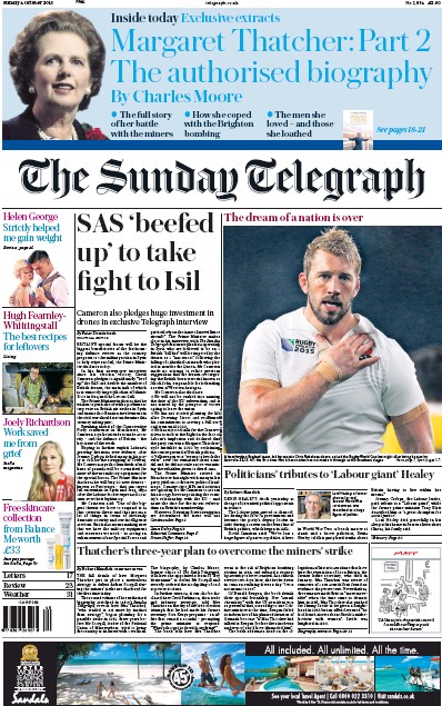 The Sunday Telegraph Newspaper Front Page (UK) for 4 October 2015