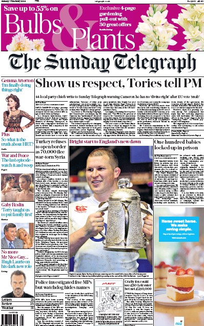 The Sunday Telegraph Newspaper Front Page (UK) for 7 February 2016