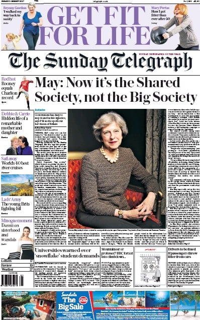 The Sunday Telegraph Newspaper Front Page (UK) for 8 January 2017