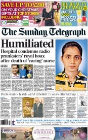 The Sunday Telegraph Newspaper Front Page (UK) for 9 December 2012