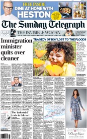 The Sunday Telegraph Newspaper Front Page (UK) for 9 February 2014
