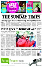 The Sunday Times (UK) Newspaper Front Page for 16 March 2014