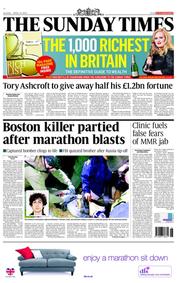 The Sunday Times (UK) Newspaper Front Page for 21 April 2013
