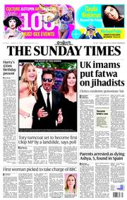 The Sunday Times (UK) Newspaper Front Page for 31 August 2014