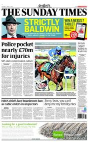 The Sunday Times (UK) Newspaper Front Page for 7 April 2013
