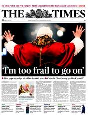The Times (UK) Newspaper Front Page for 12 February 2013