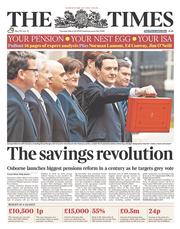 The Times (UK) Newspaper Front Page for 20 March 2014