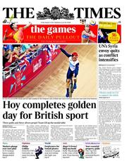The Times (UK) Newspaper Front Page for 3 August 2012