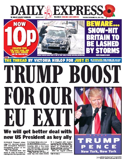 Daily Express Newspaper Front Page (UK) for 10 November 2016