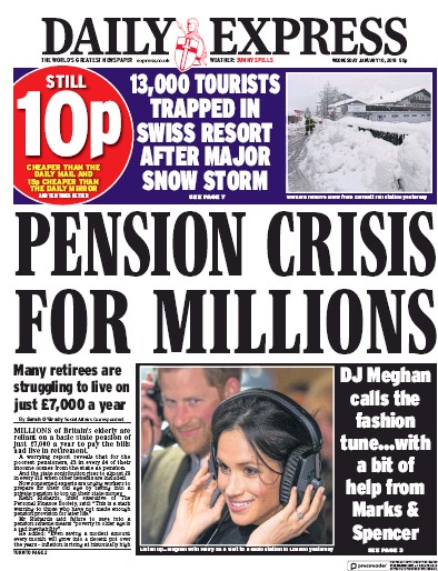 Daily Express Newspaper Front Page (UK) for 10 January 2018