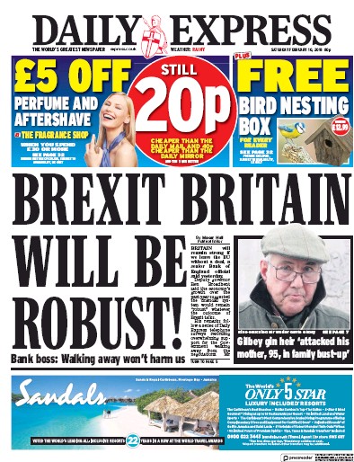 Daily Express Newspaper Front Page (UK) for 10 February 2018