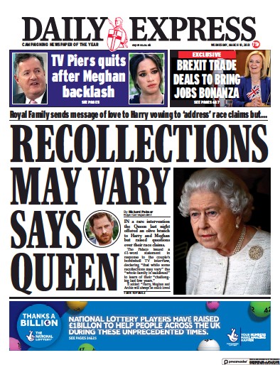 Daily Express Newspaper Front Page (UK) for 10 March 2021