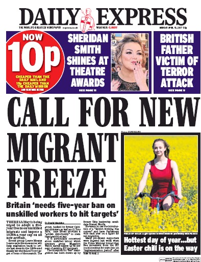 Daily Express Newspaper Front Page (UK) for 10 April 2017