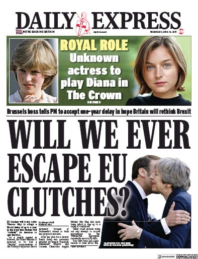 Daily Express Newspaper Front Page (UK) for 10 April 2019