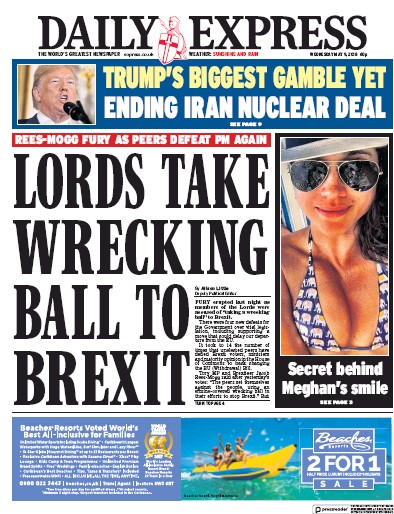 Daily Express Newspaper Front Page (UK) for 10 May 2018
