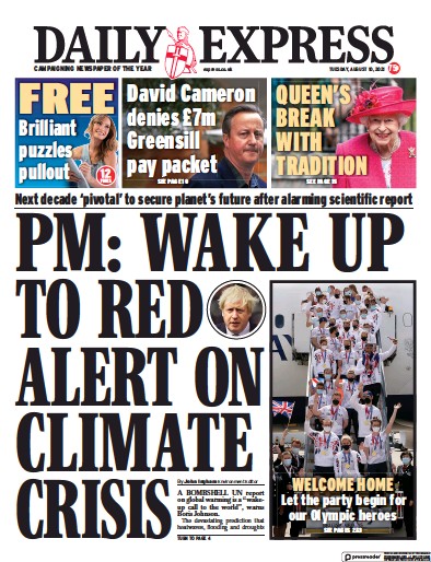 Daily Express Newspaper Front Page (UK) for 10 August 2021