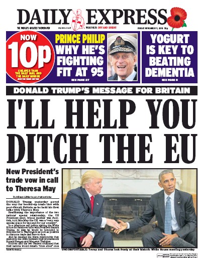 Daily Express Newspaper Front Page (UK) for 11 November 2016