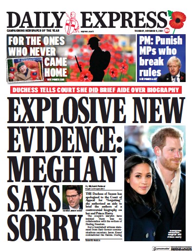 Daily Express Newspaper Front Page (UK) for 11 November 2021