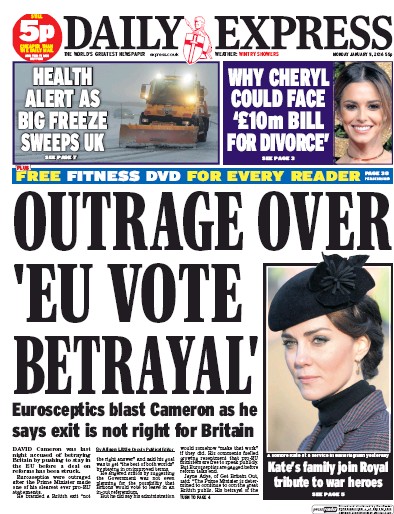 Daily Express Newspaper Front Page (UK) for 11 January 2016