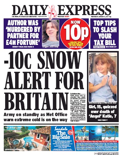 Daily Express Newspaper Front Page (UK) for 11 January 2017