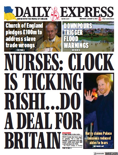 Daily Express Newspaper Front Page (UK) for 11 January 2023