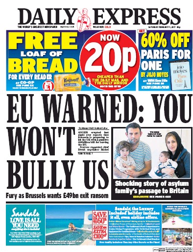 Daily Express Newspaper Front Page (UK) for 11 February 2017