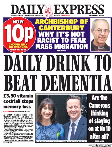 Daily Express Newspaper Front Page (UK) for 11 March 2016