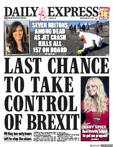 Daily Express Newspaper Front Page (UK) for 11 March 2019