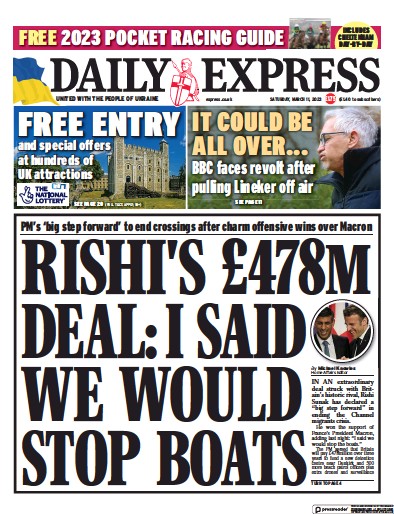 Daily Express Newspaper Front Page (UK) for 11 March 2023