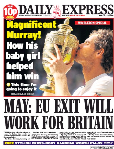Daily Express Newspaper Front Page (UK) for 11 July 2016