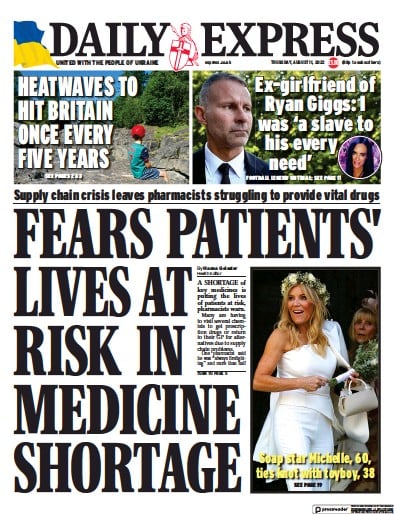 Daily Express Newspaper Front Page (UK) for 11 August 2022