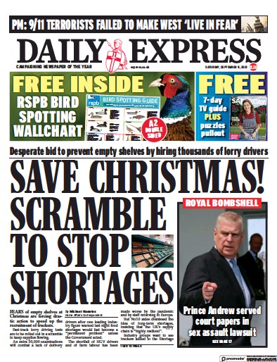 Daily Express Newspaper Front Page (UK) for 11 September 2021