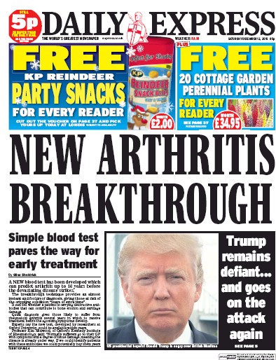 Daily Express Newspaper Front Page (UK) for 12 December 2015