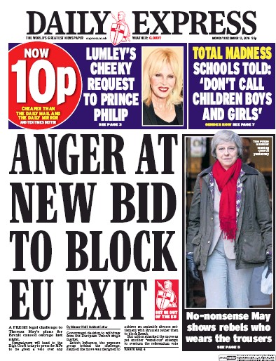 Daily Express Newspaper Front Page (UK) for 12 December 2016