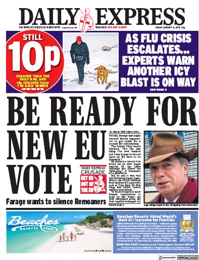 Daily Express Newspaper Front Page (UK) for 12 January 2018