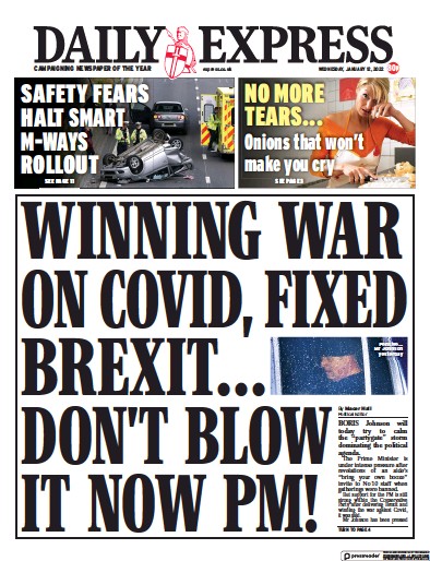 Daily Express Newspaper Front Page (UK) for 12 January 2022