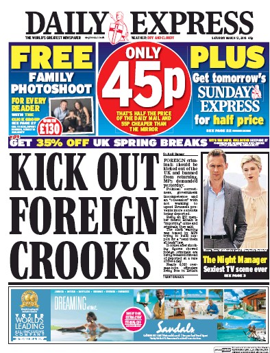 Daily Express Newspaper Front Page (UK) for 12 March 2016