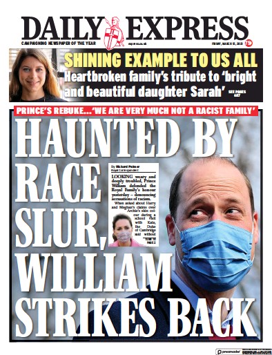Daily Express Newspaper Front Page (UK) for 12 March 2021