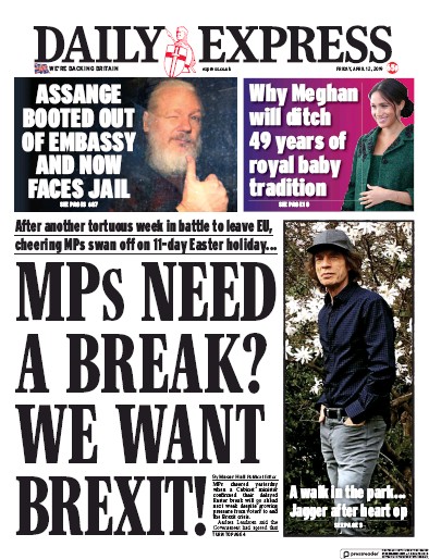 Daily Express Newspaper Front Page (UK) for 12 April 2019
