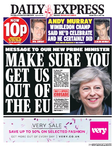Daily Express Newspaper Front Page (UK) for 12 July 2016