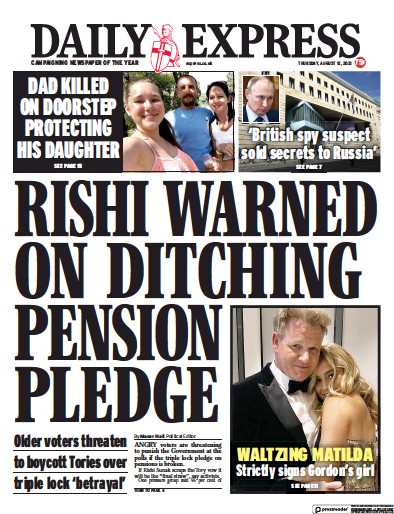 Daily Express Newspaper Front Page (UK) for 12 August 2021