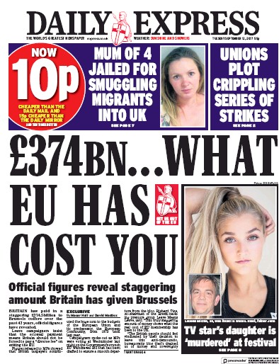 Daily Express Newspaper Front Page (UK) for 12 September 2017