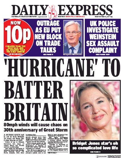 Daily Express Newspaper Front Page (UK) for 13 October 2017