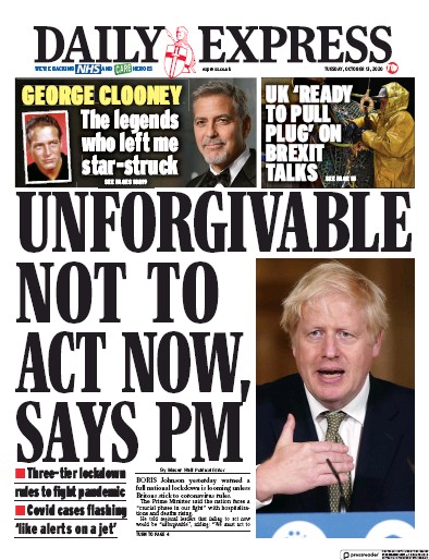 Daily Express Newspaper Front Page (UK) for 13 October 2020