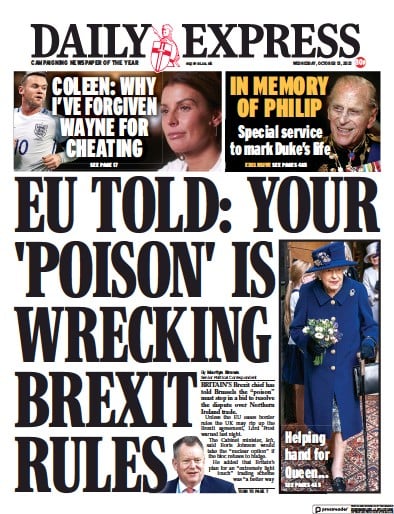 Daily Express Newspaper Front Page (UK) for 13 October 2021
