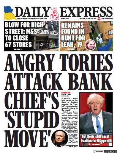 Daily Express Newspaper Front Page (UK) for 13 October 2022
