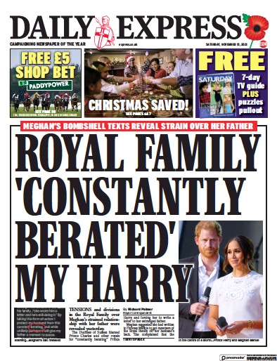 Daily Express Newspaper Front Page (UK) for 13 November 2021