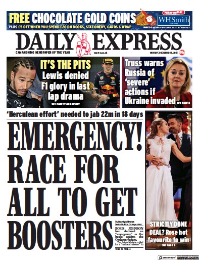 Daily Express Newspaper Front Page (UK) for 13 December 2021